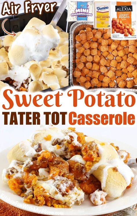 As we head towards the holidays like Thanksgiving and Christmas, it's a must to have a side dish that will impress. This Sweet Potato Tater Tot Casserole is made with sweet potato puffs, marshmallows, brown sugar, cinnamon, and crushed pretzels. Sweet Potato Tater Tot Recipes, Sweet Potato Tots Casserole, Sweet Potato Casserole In Air Fryer, Sweet Potato Tot Casserole, Sweet Potato Tater Tot Casserole, Sweet Potato Puffs Recipe, Asian Thanksgiving, Tator Tot Recipe, Sweet Potato Puffs