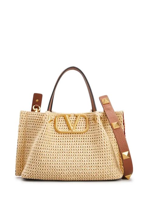 V58CR Valentino Garavani VLOGO Roman Stud Small Perforated Tote Bag Raffia Tote Bag, Valentino Garavani Bag, Italian Luxury Brands, Straw Tote, Valentino Bags, Best Bags, Fashion Girl, Open Top, Bergdorf Goodman