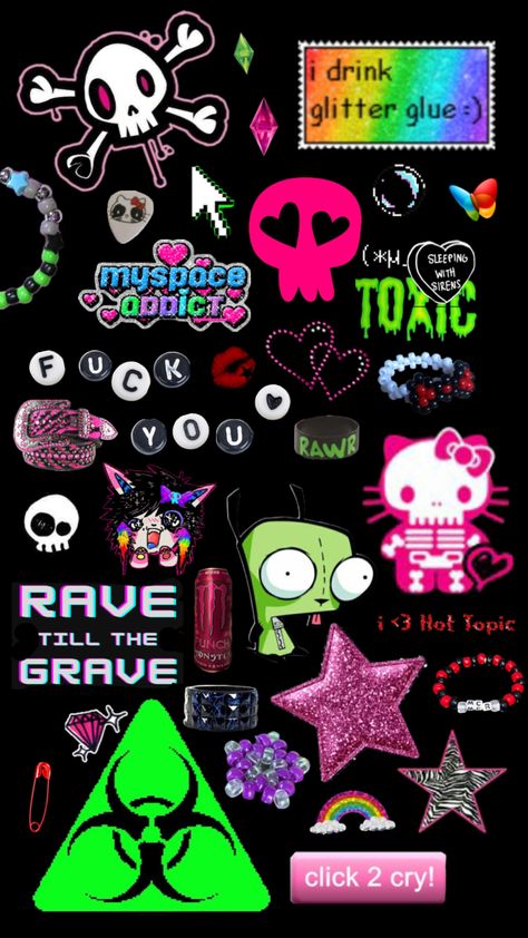 #scene #scenecore #y2k #gir #kandi #cute Scenecore Wallpaper Iphone, Gir Kandi, Scenecore Wallpaper, Scene Core Wallpaper, The Scene Aesthetic, Scene Pfp, Scene Icons, Scenecore Art, Cute Shuffles