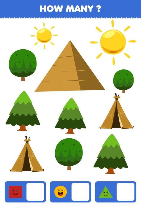 Education game for children searching and counting how many objects like geometric shape square circle triangle cartoon tent pyramid tree sun Triangle Objects, Square Circle Triangle, Game For Children, Pyramid, Games For Kids, Geometric Shapes, How Many, Geometry, Tent