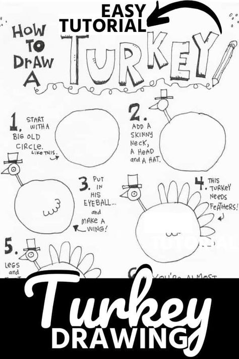 Learn how to draw a turkey in  6 easy steps. Celebrate Thanksgiving with a cartoon turkey drawn by you! #Thanksgiving #howtodraw #cartoon #turkey How To Draw A Simple Turkey, Easy Turkey Doodle, Funny Turkey Drawing, How To Draw Turkey, How To Draw A Turkey Easy, Turkey Doodle Easy, How To Draw A Turkey, Easy Thanksgiving Drawings, Thanksgiving Doodles Easy