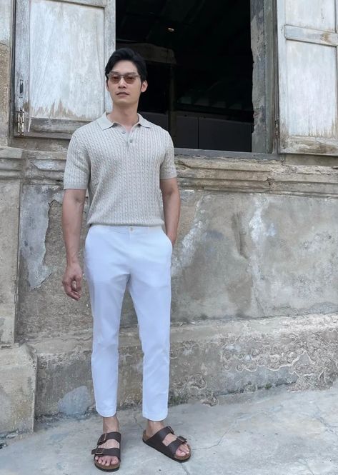 Scandinavian Style Men Summer, Bangkok Outfit Men, Birkenstock Outfit Summer Men, Bangkok Thailand Outfit Ideas Men, Guys Picnic Outfit, Thailand Outfit Ideas Men, Mens Birkenstocks Outfit, Thailand Ootd, Birkenstock Outfit Men