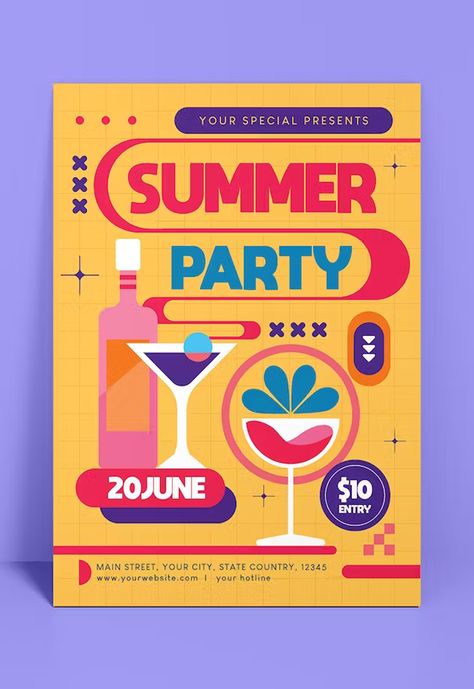 Summer Party Flyer Template AI, EPS, PSD Fun Flyer Design, Summer Poster Design, House Party Flyer, Gin Festival, Vintage Retro Illustration, Summer Party Flyer, Mises En Page Design Graphique, Summer Party Invitations, Party Flyer Template