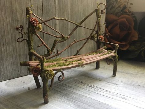 The Faery Forest: (Megan and Joey Cash) Miniature Twig Faery Bench Mason Jar Hanger, Twig Furniture, Twig Crafts, Indoor Fairy Gardens, Fairy Garden Furniture, Witch Cottage, Fairy Garden Designs, Fairy Garden Crafts, Fairy Furniture