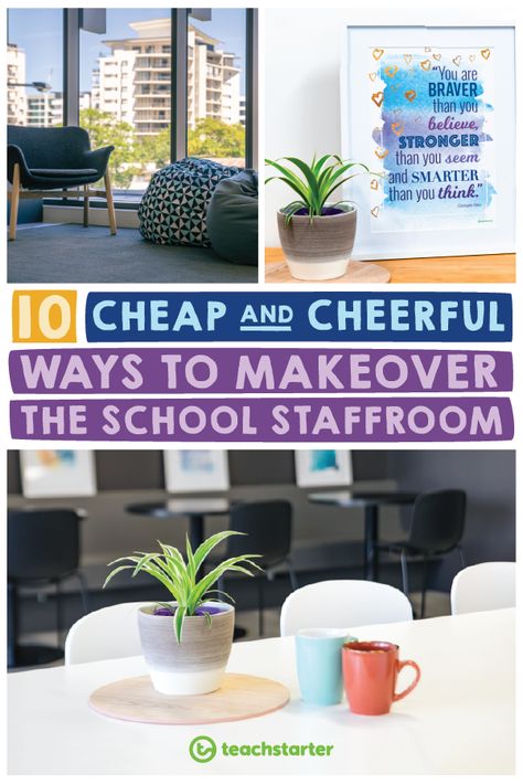 10 Cheap and Cheerful Ways to Update the Staffroom | School Staffroom Makeover School Staff Room Decor Ideas, Teachers Lounge Door Decor, Break Room Table Decor, Daycare Break Room Ideas, Staff Room Makeover, School Workroom Ideas, Staffroom Decorations Ideas, Teacher Staff Lounge Ideas, Teachers Workroom Makeover