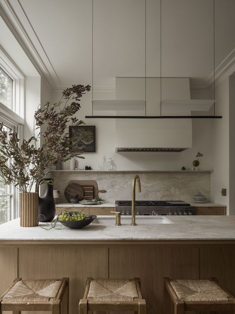 Adrienne Totoro's Brooklyn Brownstone Artfully Updated by Bangia Agostinho Thee Sacred Souls, Brownstone Townhouse, Nyc Townhouse, Kitchen Desk, Brooklyn Brownstone, Tile Countertops, Vintage Stool, The Local Project, Brick Flooring