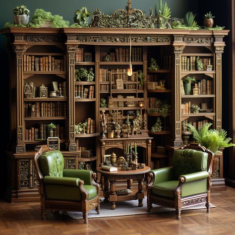 Victorian Bookshelf Aesthetic, Doll House Library, Victorian Dollhouse Interior, Victorian Bookshelf, Cottagecore Library, Wooden Bookshelves, Victorian Library, Dollhouse Library, Miniature Library