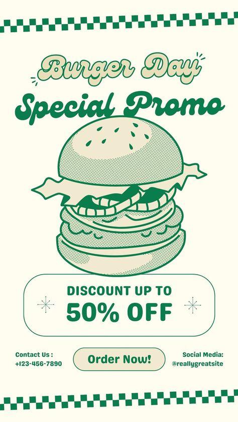 Green Retro Illustrative Hamburger Day Special Promo Instagram Story - Templates by Canva Retro Instagram Template, Pizza Promo, Burger Illustration, Juicy Lucy Burger, Juicy Lucy, Font Combos, Create Your Story, Professional Fonts, Green Retro