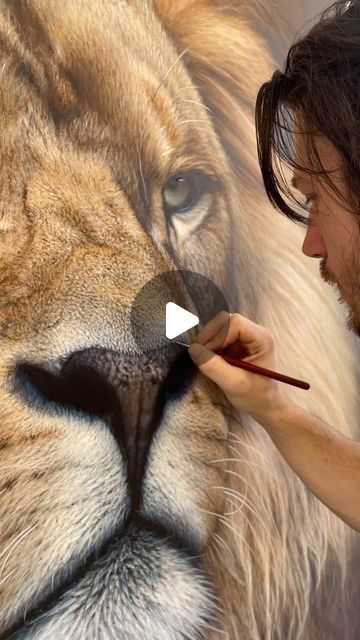 Nick Sider on Instagram: "The finishing touches for one of my very first 5ft Lion Paintings 🎨🦁🤙🏻

Reference image by @davidwhelanphotography 🙏🏻📷 #lion #painting #hyperrealism #art #artistsoninstagram #artsy #instaart #nicksider #artwork" Lion Painting Acrylic, Lion Painting Art, Lion Paintings, Hyperrealism Art, Hyperrealism Paintings, Painting Fur, Lion Artwork, Lion Painting, Perfect Girl