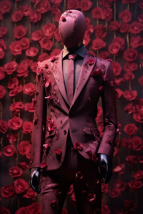 Unique Prom Fits Men, Suits Men High Fashion, Best Mens Met Gala Looks, Flower Suits Men, Unique Men Suits, Met Gala Outfits Ideas Men, Rose Suit Men, Unique Suits For Men, Funky Suits