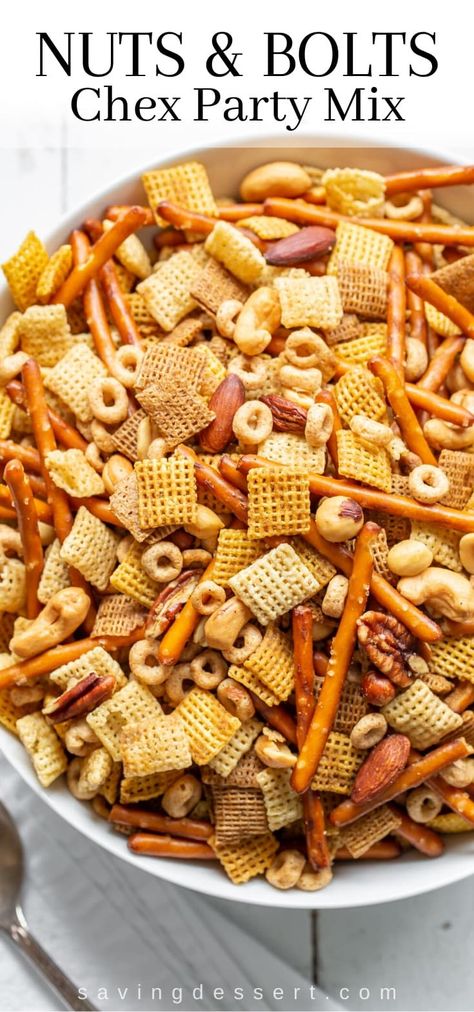 Nuts & Bolts, also known as Party Chex Mix, is one of the easiest, most beloved, delicious, quintessential holiday snacks ever invented! A terrific snack for the holidays, parties and football! #savingroomfordessert #chexmix #chexmixrecipe #nuts&bolts #snackmix #appetizer #holidays #chexrecipe #recipe #easyrecipe #chexpartymix Chex Recipes, Snow Recipe, Chex Party Mix, Chex Mix Recipes, Snack Mix Recipes, Holiday Snacks, Nuts Bolts, Chex Mix, Snacks Für Party