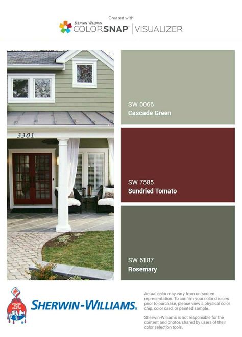 I just created this color palette with the Sherwin-Williams ColorSnap® Visualizer app on my Android phone. What do you think? You can learn more about ColorSnap Visualizer and get it on your phone free by visiting http://www.sherwin-williams.com/colorsnap. Red Siding House Exterior, Olive Green House Exterior, Sage Green House, Entryway Paint, Sherwin Williams Exterior, Green House Exterior, Shutter Colors, Outside Paint, House Paint Color Combination