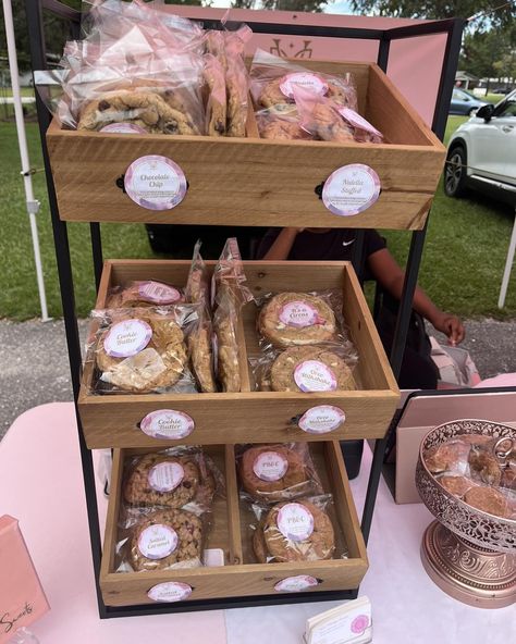 Cookie Display Table Bake Sale, Bake Sale Table Display, Sale Table Display, Bake Sale Table, Milkshake Cookies, Bake Sale Displays, Salted Caramel Chocolate Chip Cookies, Vendor Table Display, School Bake Sale