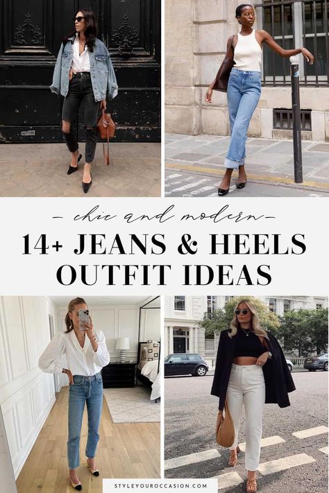 Looking for stylish jeans and heels outfit ideas? This list of jeans and heels outfits has tons of options for spring, summer, fall, and winter. Whether you want heels and jeans for a night out at the club, a dressy option for date night, a casual going out look, or classy jeans with heels and blazer for work, you’ll find the perfect aesthetic here! Dressy Jeans Outfit Spring, Neutral Going Out Outfit, Date Night Outfit Jeans Heels, Jeans With Heels Outfits Dressy, Dressy Jeans Outfit With Heels, Spring Date Night Outfit Dressy, Jeans Heels Outfit Night Classy, Jeans And Heels Outfit Dressy Classy, Heels With Jeans Night Out