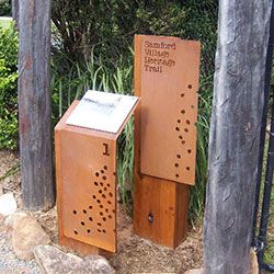 Back to Urban-Art   Although this project is not necessarily classified as "Urban Art” it is still technically a public installation. Lump Sculpture Studio custom designed and made signage for the Samford Village Heritage Trail.  Made from Corten Steel with a natural rusted finish and incorporating information plaques.  Sizes: Custom  Thickness: 3 mm  Weight: N/A  Materials: Corten  Lighting: N/A  Finishes: Corten: Natural rust  Installation: Moderate  Designer: ... Safdarjung Tomb, Environmental Graphics Signage, Interpretive Signage, Park Signage, Signage Board, Wayfinding Signage Design, Monument Signs, Metal Signage, Wayfinding Signs