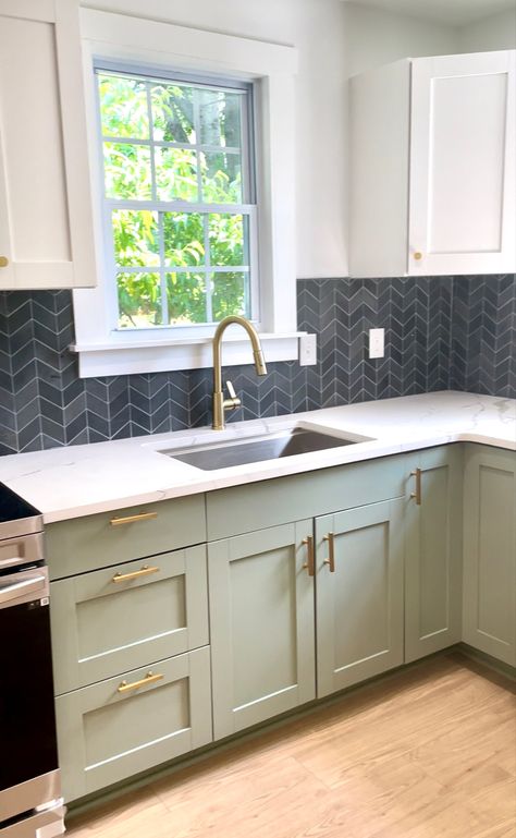 Kitchen Grey Green Cabinets, Sage Green Kitchen Cabinets Gold Hardware, Sage Green Kitchen Gold Hardware, Green Kitchen Cabinets With Gold Hardware, Green Kitchen Gold Handles, Sage And Gold Kitchen, Evergreen Fog Kitchen Island, Light Sage Kitchen Cabinets, Evergreen Fog Kitchen Cabinets