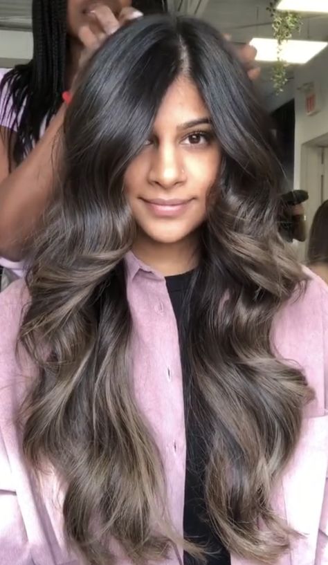 Dark Brown Hair With Ash Balayage, Toned Balayage, Ash Brown Hair Balayage, Balyage Long Hair, Dark Brown Hair Balayage, Brown Hair Inspiration, Black Hair Balayage, Dark Brunette Hair, Hair Tint