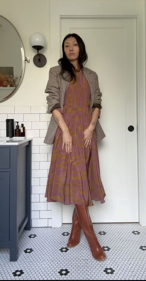 dress + blazer + tall boots Riding Boots And Dress Outfit, Long Dress With Tall Boots, Skirt With Riding Boots Outfit, Long Dress Tall Boots, Tall Boots And Skirt Outfit, Brown Riding Boots Outfit 2024, Tall Boots With Dress, Tall Boots Outfit Fall Styles, Light Brown Boots Outfit