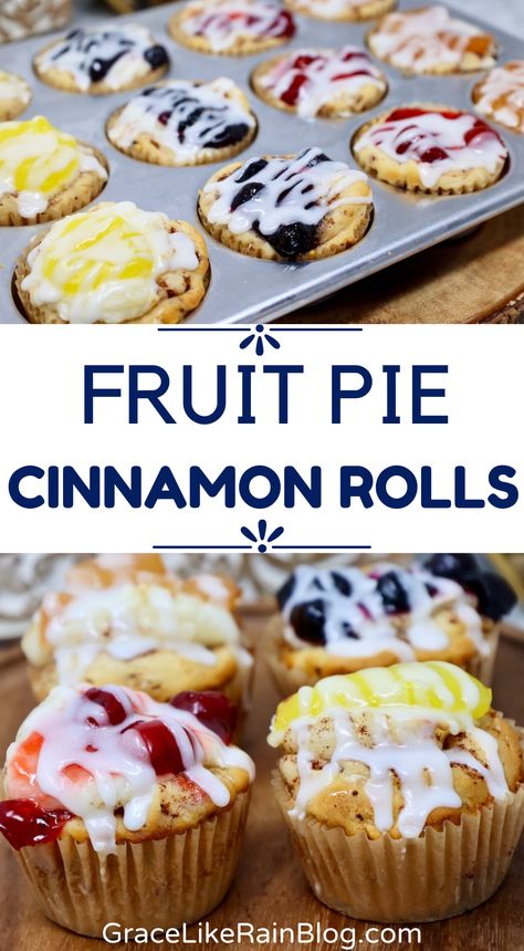 Fruit Pie Cinnamon Roll Cups are a delicious breakfast idea that you make with canned cinnamon rolls and pie filling in your favorite flavor. We're adding sweetened cream cheese in the middle for depth of flavor. It's almost like cheesecake topped with your favorite fruit filling on a fluffy cinnamon roll. This is a family favorite! OMG So good! Cinnamon Rolls With Cream Cheese Filling, Desserts With Pillsbury Cinnamon Rolls, Uses For Pie Filling, Cinnamon Rolls And Pie Filling, What To Make With Canned Cinnamon Rolls, Breakfast Fruit Recipes, Cinnamon Roll Muffins Pillsbury, Muffins With Pie Filling, Cinnamon Rolls With Pie Filling