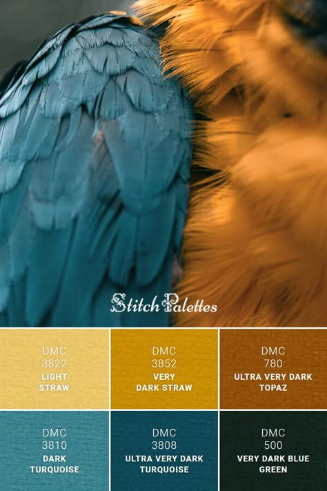 DMC floss color palette for cross stitch and embroidery projects. Floss colors used: 3822 Light Straw, 3852 Very Dark Straw, 780 Ultra Very Dark Topaz, 3810 Dark Turquoise, 3808 Ultra Very Dark Turquoise, 500 Very Dark Blue Green Visuell Identitet, Color Schemes Colour Palettes, Room Color Schemes, Color Palette Design, Colour Board, Color Inspo, Paint Colors For Home, Bedroom Colors, Colour Palettes