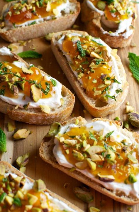 Goat Cheese and Apricot Crostini with Pistachios and Mint - Stuck On Sweet Simple Appetizer, Crostini Appetizers, Appetizer Dishes, Xmas 2024, Oven Racks, Fresh Mint, Appetizers Easy, Goat Cheese, Pistachio