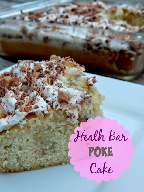 Ally's Sweet and Savory Eats: Heath Bar Poke Cake Heath Bar Poke Cake, Heath Bar Cake Recipe, Heath Bar Cake, Heath Candy Bar, Heath Candy, Gluten Free Cake Mixes, Candy Bar Cake, Condensed Milk Cake, Heath Bar