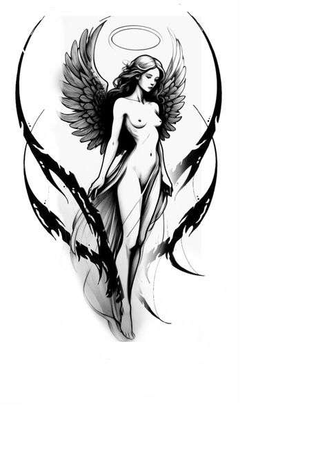 Animal Design Tattoo, Female Swordsman, Icarus Tattoo, Dragon Tattoo Sketch, Modern Art Tattoos, Archangel Tattoo, Romantic Drawing, Body Image Art, Hip Hop Artwork