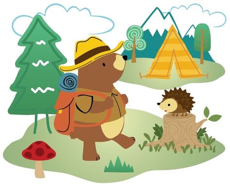 Bear Camping Illustration, Adventure Illustration, Camping Cartoon, Camping Illustration, Background Tree, Camp Theme, Inktober 2024, Animals Forest, Adventure Logo