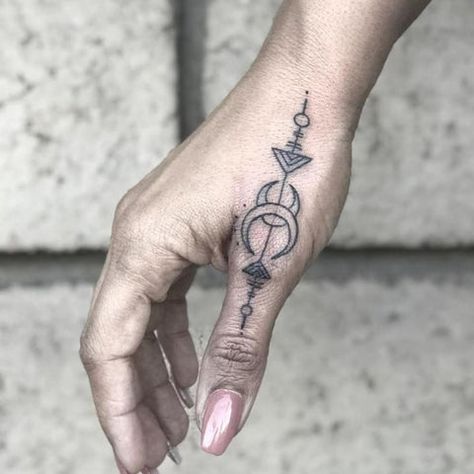 Viking Finger Tattoo For Women, Moon Thumb Tattoo, Geometric Finger Tattoo, Geometric Hand Tattoo, Warrior Tattoos For Women, Thumb Tattoo, Baddie Tats, Marriage Tattoos, Bridge Tattoo