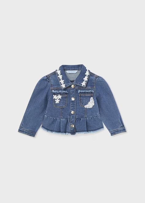 Baby ruffled denim jacket Better Cotton Ruffled Denim Jacket, Polo Shirt Outfits, Chic Outerwear, Girls Denim Jacket, Fashion Top Outfits, Stretch Cotton Fabric, Girls Outerwear, Embroidered Collars, Girls Denim