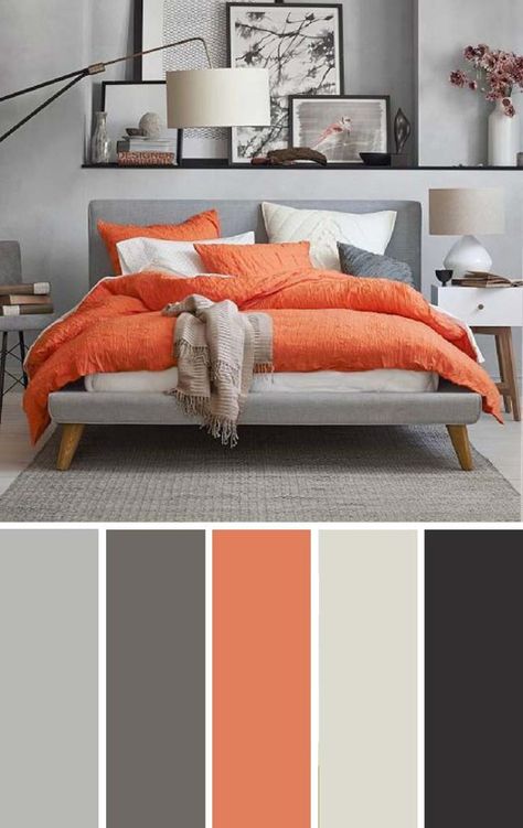 Colors That Go With Orange-Orange Color Combinations | Homesthetics - Inspiring ideas for your home. Grey Orange Bedroom, Choosing Bedroom Colors, Best Bedroom Paint Colors, Beautiful Bedroom Colors, Orange Bedroom, Bedroom Orange, Bedroom Color, Bedroom Color Schemes, Bedroom Paint Colors