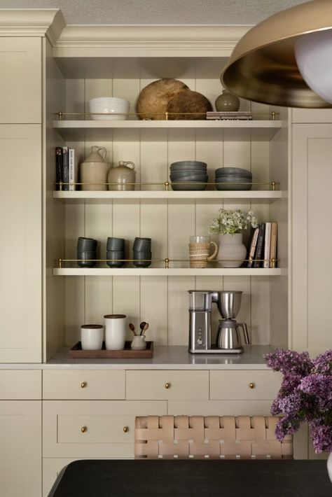 Cottonwood Kitchen Remodel - Studio McGee Light Beige Kitchen Cabinets, Shea Mcgee Kitchen, Beige Shiplap, Light Beige Kitchen, Mcgee Co, Mcgee And Co Kitchen, Beige Shelves, Built In Coffee Bar, Studio Mcgee Kitchen