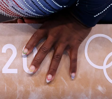 The Tiny Nail-Art Detail You May Have Missed During Simone Biles's Epic Beam Routine Simone Biles Wedding Dress, Olympic Nails 2024, Olympics Nail Art, Olympic Nails Art Designs, Influencer Nails, Double French Manicure, Simone Biles Wedding, Simone Biles Aesthetic, Simone Biles And Sunisa Lee