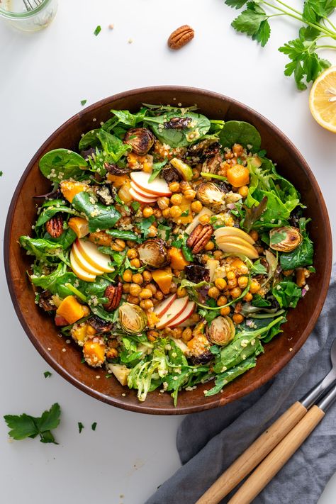 Baked Harvest Salad | plantbaes Brussels Sprout Quinoa Salad, Brussels Sprout Chickpea Salad, Half Baked Harvest Salad Recipes, All Kinds Of Salads, Winter Salad Brussel Sprouts, High Fiber Plant Based Meals, Raw Veggie Salad, Baked Salad Recipes, Big Salad Recipes