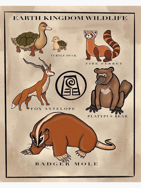 "Earth Kingdom Fauna Chart" Poster by sarahdipity | Redbubble Air Element Animals, Avatar The Last Airbender Creatures, Avatar Earth Kingdom Clothes, Avatar The Last Airbender Earth Kingdom, Earth Nation Avatar, Earth Kingdom Oc, Atla Earth Kingdom Clothes, Avatar The Last Airbender Animals, Atla Earth Kingdom