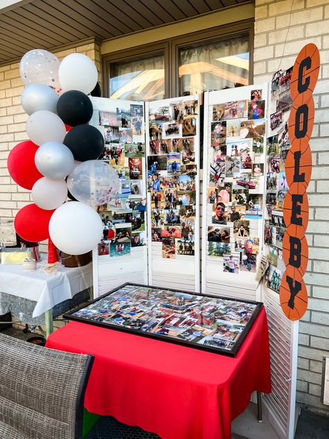 Old Bifold Louver Doors as a Photo Display Free Standing Picture Display, Large Photo Display Ideas For Party, Graduation Trifold Board Photo Displays, Graduation Party Photo Display Ideas, Graduation Photo Display Ideas, Grad Party Picture Display, Grad Party Photo Display, Party Photo Display, Graduation Picture Boards