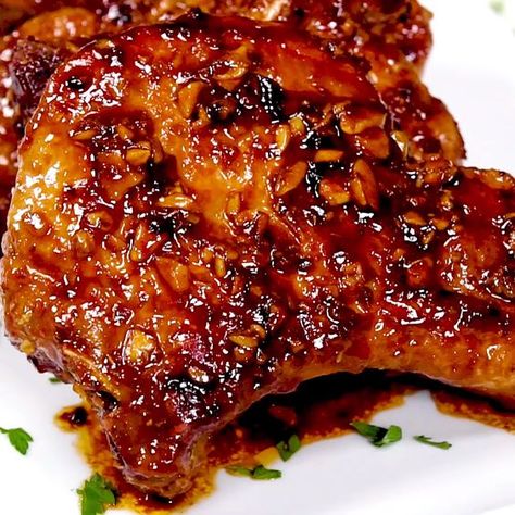 Sticky Pork Chops Recipe, Honey Garlic Baked Pork Chops, Asian Pork Chops Baked, Pork Chops Marinade Recipes, Sweet Chili Pork Chops, Pork Neck Chops Recipes, Pork Chop Asian Recipes, Bone In Pork Chop Recipe Grilled, Pork Chops With Bone Recipes