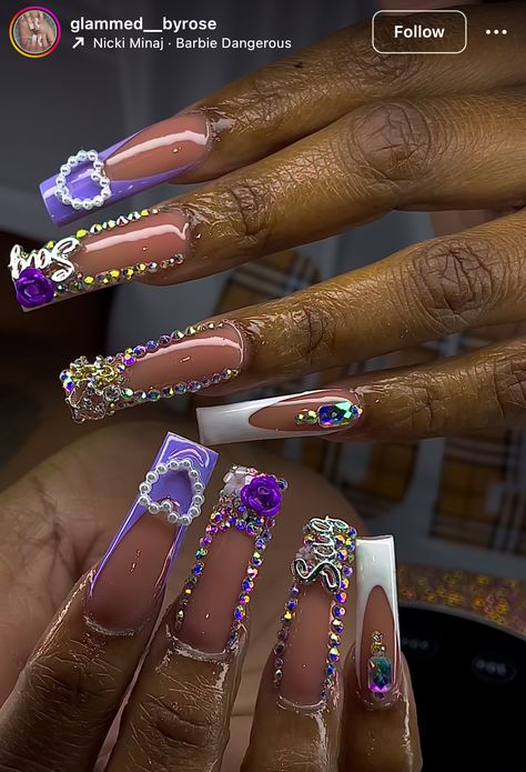 Acrylic Long Nails Designs, Freestyle Nail Designs, Birthday Freestyle Nails, Bling Nail Designs, Hood Nails, Birthday Nails Long, Fye Nails, Fresh Nails, Acrylic Toe Nails