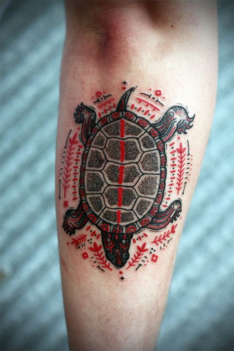 Sea Turtle Tattoo With Color, Turtle Island Tattoo, Painted Turtle Tattoo, Dave Tattoo, Turtle Tattoo Ideas, Island Turtle, Tortoise Tattoo, Aztec Tattoos Sleeve, David Hale