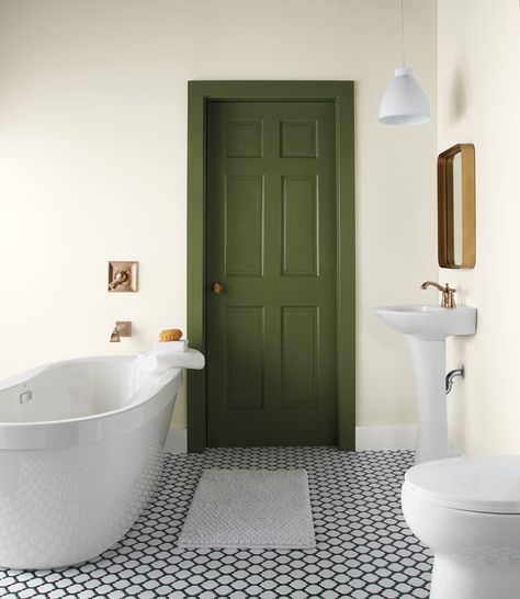 Walls: White 52;Trim: Ultra Pure white UL260-14;Door: Secret Meadow S360-6 Olive Green Paints, Semi Gloss Paint, Behr Paint Colors, Green Paint Colors, Green Door, Gloss Paint, Accent Doors, Green Interiors, Door Color