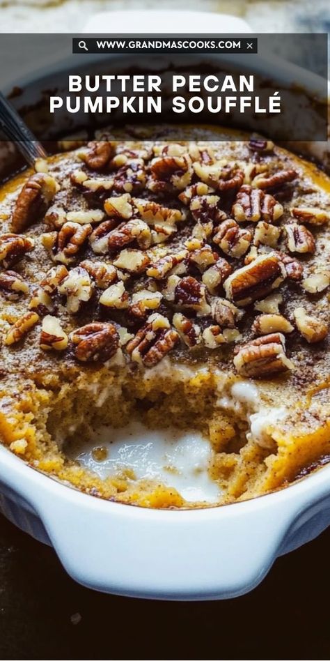 This light-as-air pumpkin soufflé is topped with buttered pecans for a nutty, sweet crunch that complements the creamy, spiced base. Perfect for dessert lovers! Buttered Pecans, Pecan Pumpkin, Pumpkin Souffle, Creamy Pie, Souffle Recipes, Rich Chocolate Cake, Pumpkin Pecan, Thanksgiving Traditions, Butter Pecan