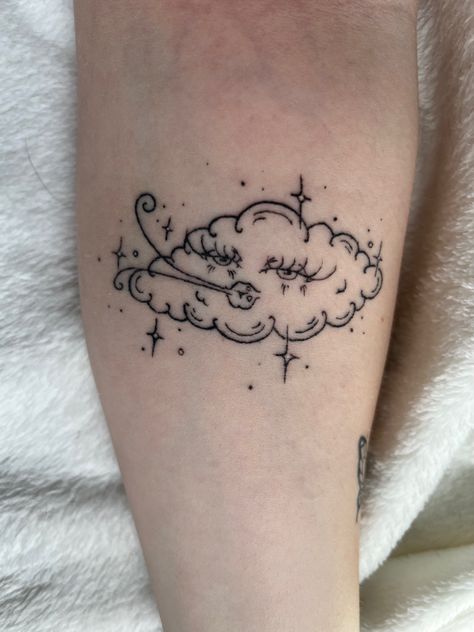 Cute baddie feminine cloud blowing wind tattoo lashes pretty fine line Pretty Cloud Tattoo, Cloud Lady Tattoo, Cloud Knee Tattoo, Sparkle Sleeve Tattoo, Anyway The Wind Blows Tattoo, Cloud Tattoo Aesthetic, Cloud With Eyes Tattoo, Cloud With Face Tattoo, Cloud Tattoo Women