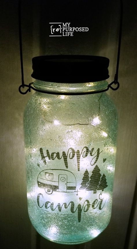 How to make mason jar luminaries with tissue paper, copy paper and more. Add solar lid with twinkle lights and handle, making it a perfect addition to your patio or campsite! #MyRepurposedLife #diy #masonjar #craft #solar Camper Cricut Projects, Light Up Jars, Print On Tissue Paper, Jar Upcycle, Spray Painting Glass, Mason Jar Solar Lights, Repurposed Crafts, Printing On Tissue Paper, Mason Jar Luminaries