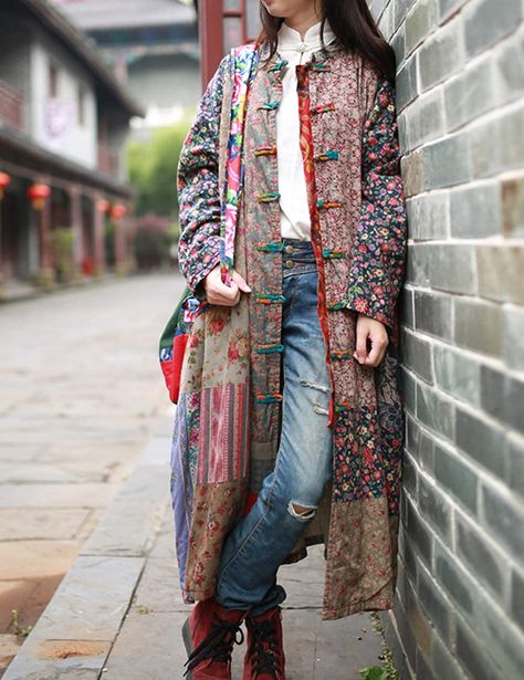 Linen Flower, Autumn Outwear, Floral Print Jacket, Floral Coat, Patchwork Coat, Boho Festival Fashion, Cheongsam Dress, Women Maxi, Trench Coats Women