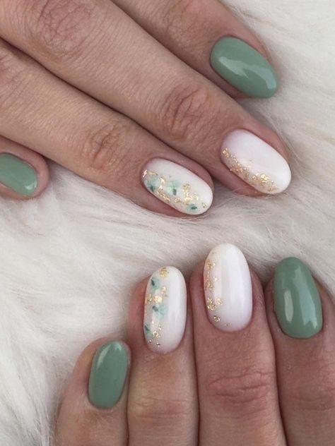 sage and white nails with glitter Eucalyptus Colored Nails, Nature Nail Designs Short, Sage Green Nail Art Designs, Wedding Nails Guest Spring, Non Floral Nail Designs, Subtle March Nails, Pale Green Nails With Flowers, Cream Green Nails, Sage Green Manicure Ideas