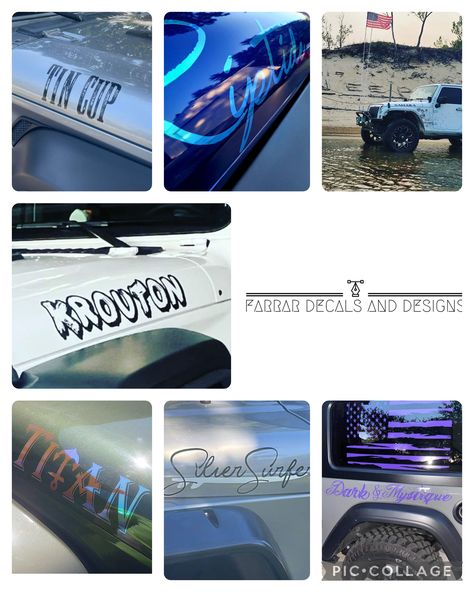 Jeep hood decal custom designed Jeep Side Decals, Jeep Name Decal Placement, White Jeep Names Ideas, Jeep Decal Ideas, Jeep Names Decals, Jeep Decals Vinyls, Jeep Hood Decals, Jeep Wranger, Jeep Custom