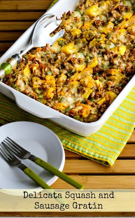 Delicata Squash and Sausage Gratin (Gluten-Free) found on KalynsKitchen.com Easy Delicious Casseroles, Delicata Squash Recipe, Csa Recipes, Delicata Squash, Healthy Casseroles, Squash Recipes, Easy Casserole, Casserole Dish, Bell Pepper