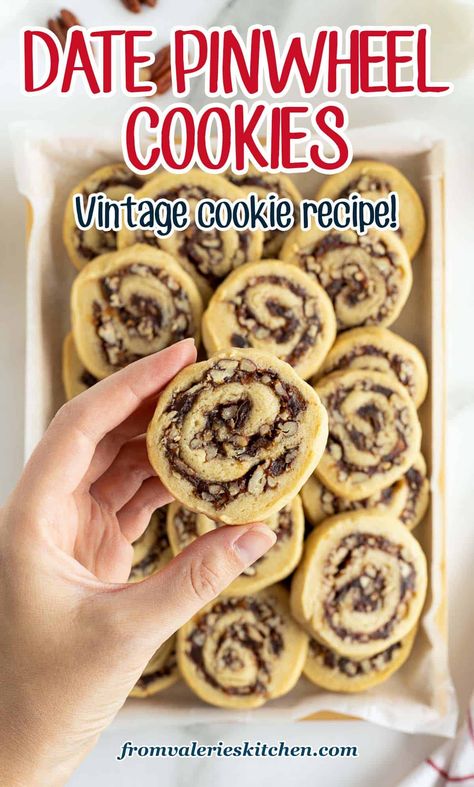 These vintage Date Pinwheel Cookies are a nostalgic choice for your holiday cookie trays. Cookie dough is rolled with a sweet date filling to create these delicious treats. Date Pinwheel Cookies, Date Filling, Pinwheel Cookies Recipe, Easy Biscotti Recipe, Christmas Bakes, Gooey Chocolate Chip Cookies, Date Cookies, Pinwheel Cookies, Holiday Baking Recipes