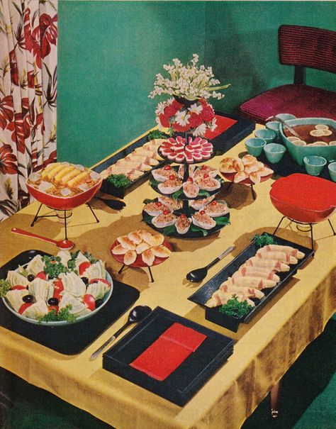 1950s Party Food, 1950s Birthday Party Theme, 1950s Dinner Party, Entertaining Food Dinner, Dinner Party Buffet, Dinner Party Ideas, 1950s Party, Cocktail Party Food, Dinner Party Menu