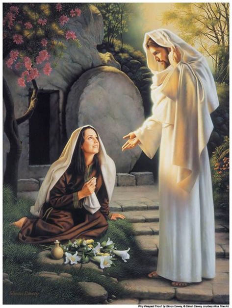 Mary stood weeping outside the tomb; and as she wept, she bent down to look inside. She saw two angels in white, sitting where the body of Jesus had been, one at the head, and the other at the feet. They said, “Woman, why are you weeping?” She answered, “Because they have taken my Lord and I don’t know where they have put him.” As she said this, she turned around and saw Jesus standing there, but she did not recognize him. Jesus said to her, “Woman, why are you weeping? Who are you looking for?” Simon Dewey, Christ Painting, Steam Lessons, Story Images, Maria Magdalena, Pictures Of Christ, Lds Art, Singing Time, Mary Magdalene